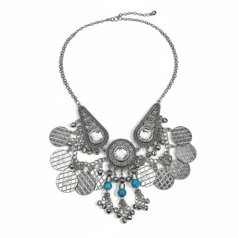 Statement Bib Necklace OS Silver Bohemian Coin Turquoise Crystal